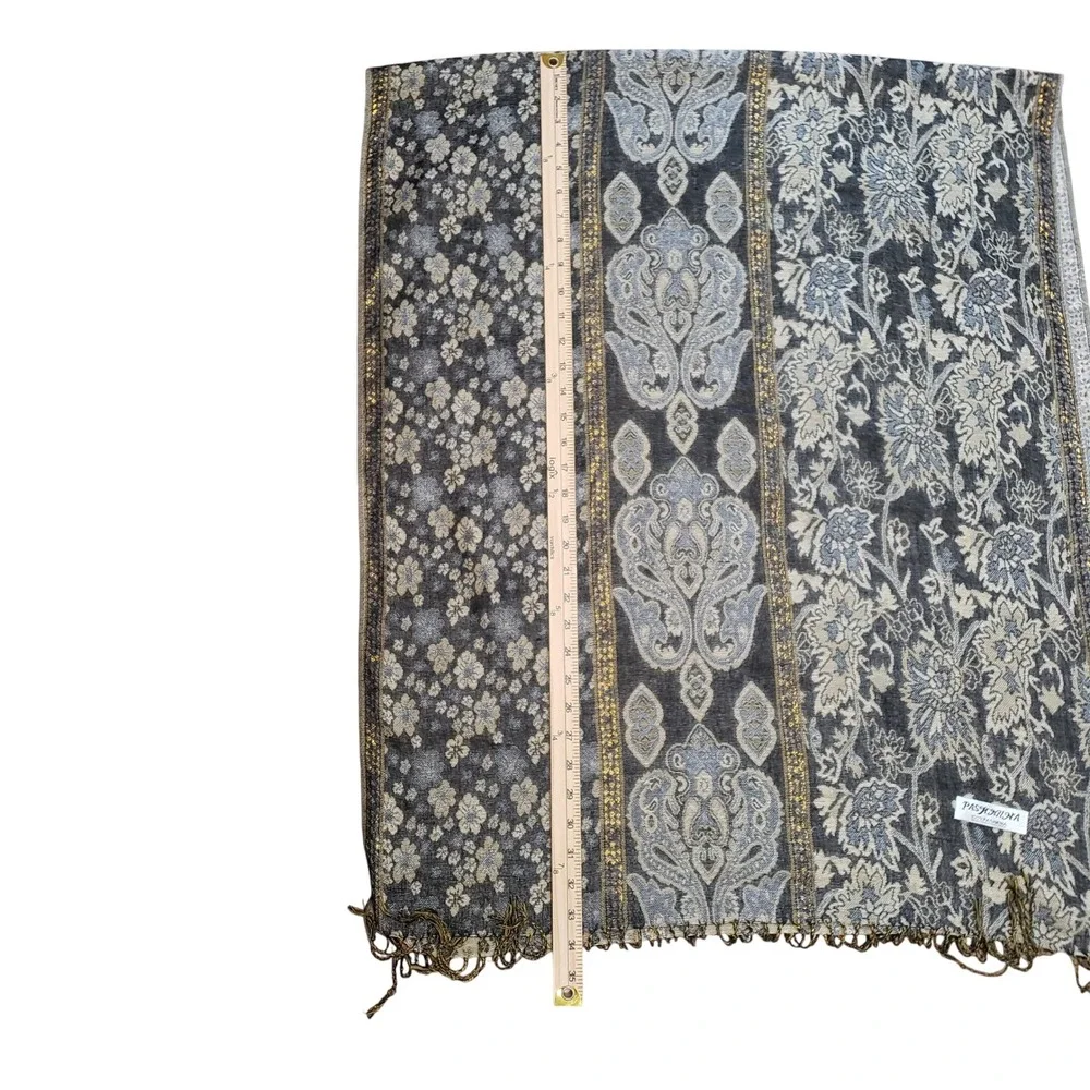 Pashmina Floral Paisley Scarf Shawl Wrap Women OS Black Gold Metallic Fringe